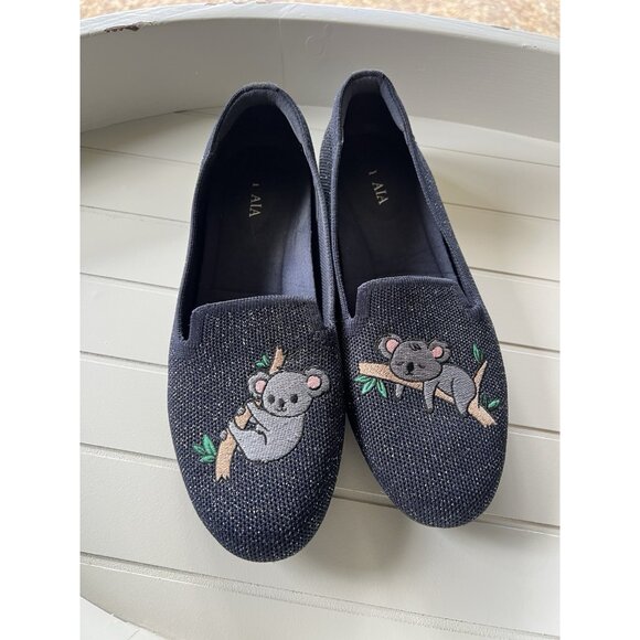 Round-Toe Embroidered Loafers (Audrey) Navy Metallic Koala Sz 37 - Picture 1 of 15